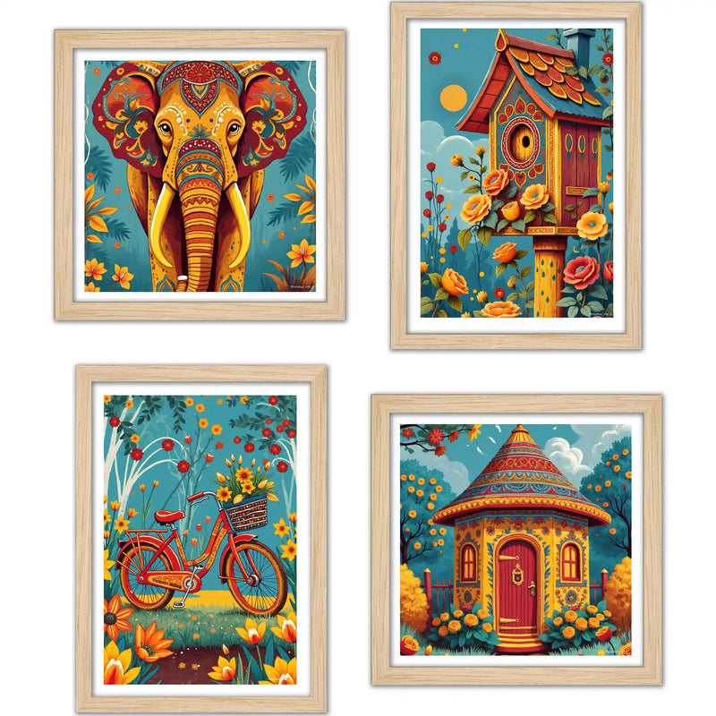 Rustic Floral Village Wall Art Frame Set of 4
