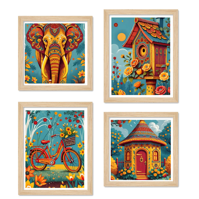 Rustic Floral Village Wall Art Frame Set of 4