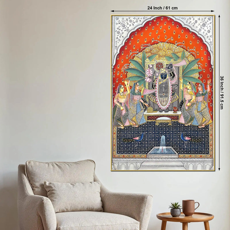 Sacred Aarti of Shrinathji in a Royal Temple Spiritual Canvas Wall Painting