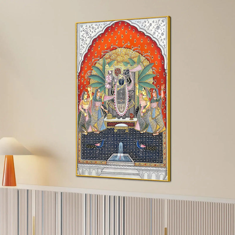Sacred Aarti of Shrinathji in a Royal Temple Spiritual Canvas Wall Painting