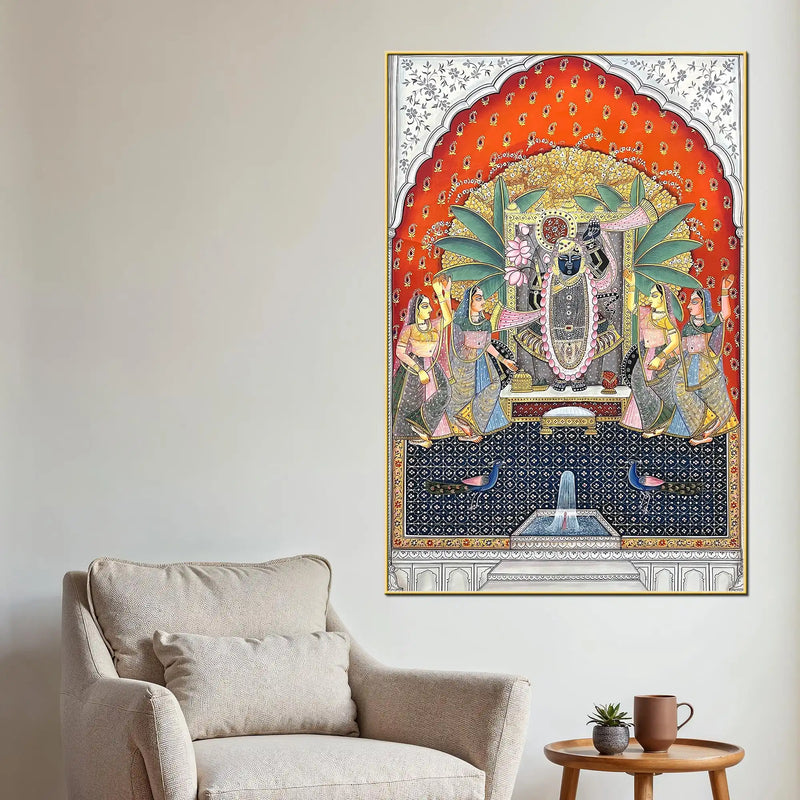 Sacred Aarti of Shrinathji in a Royal Temple Spiritual Canvas Wall Painting