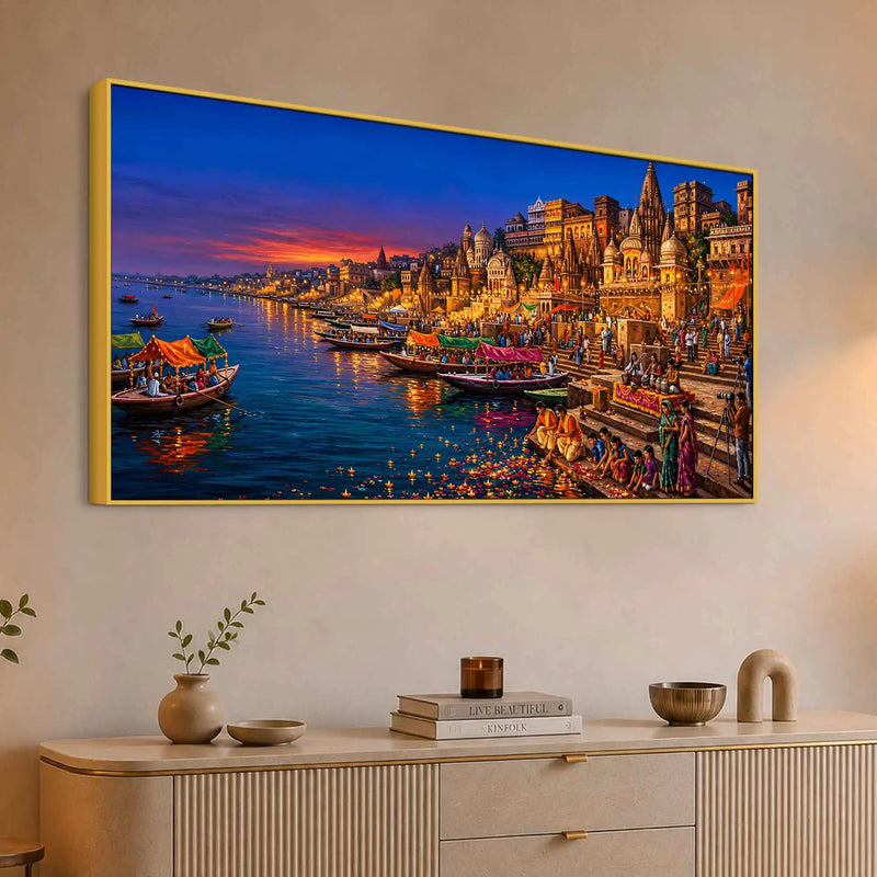 Sacred Banaras Riverside Canvas Painting for Bedroom Decor