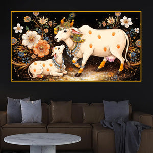 Sacred Cow and Calf Crystal Glass Wall Painting for Premium Religious Décor