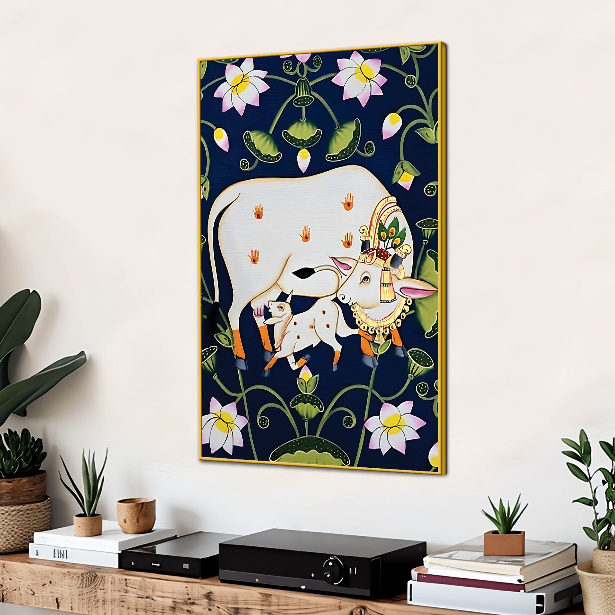 Sacred Cow and Calf Pichwai Painting | Ethnic Wall Art