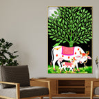 Sacred Cow and Calf Tree of Life Canvas Painting