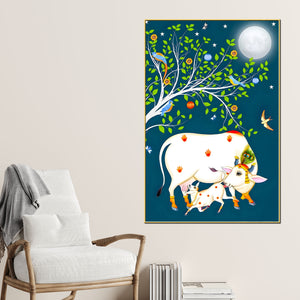 sacred-cow-and-calf-tree-of-life-night-canvas-painting