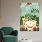 Sacred Cow & Calf Garden Art Pichwai Style Canvas Painting