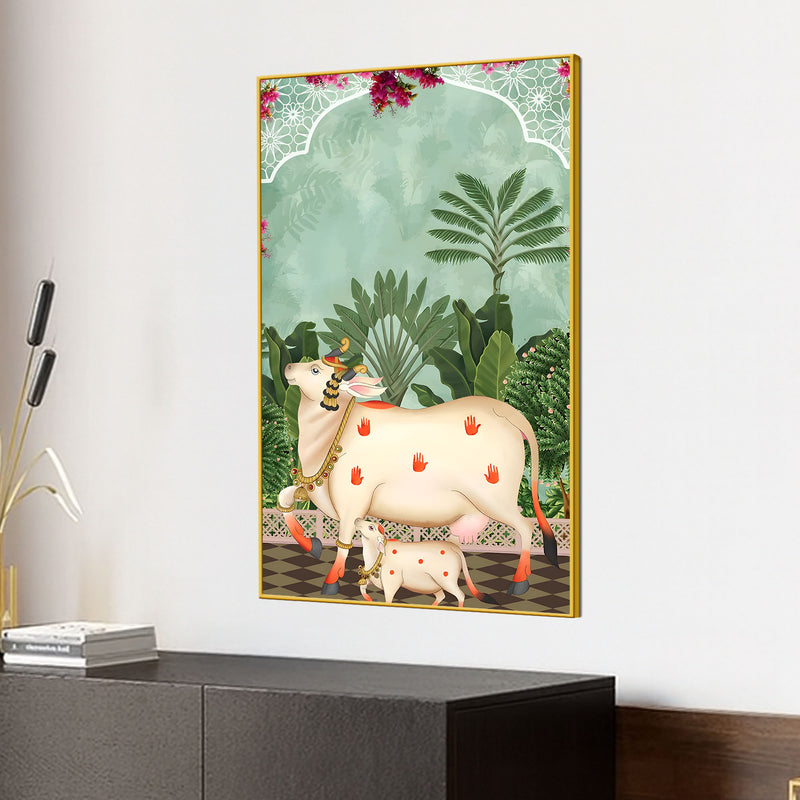 Sacred Cow & Calf Garden Art Pichwai Style Canvas Painting