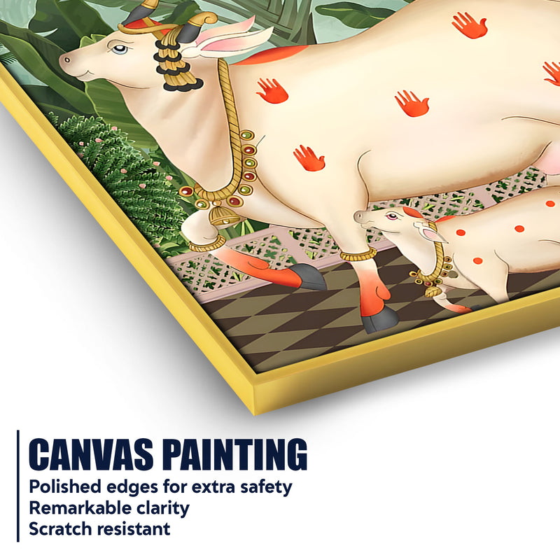 Sacred Cow & Calf Garden Art Pichwai Style Canvas Painting