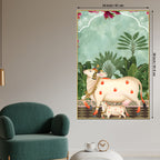 Sacred Cow & Calf Garden Art Pichwai Style Canvas Painting