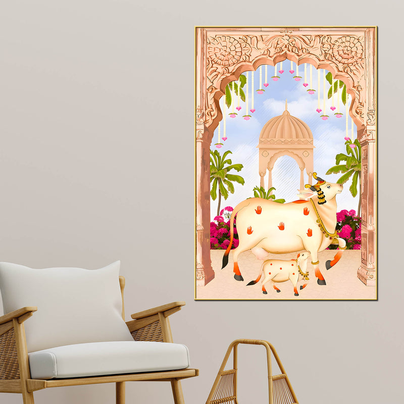 sacred-cow-kamdhenu-with-calf-canvas-wall-painting