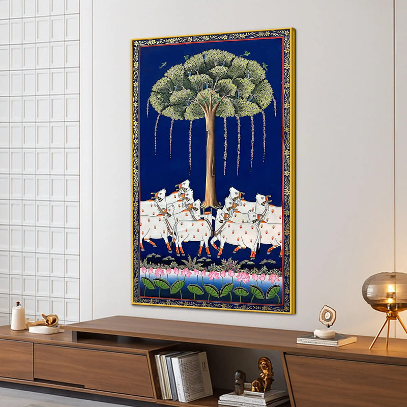 Sacred Cow Procession Under the Tree Pichwai Canvas Wall Painting