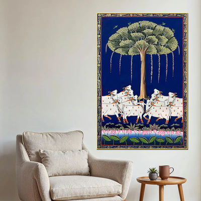 Sacred Cow Procession Under the Tree Pichwai Canvas Wall Painting