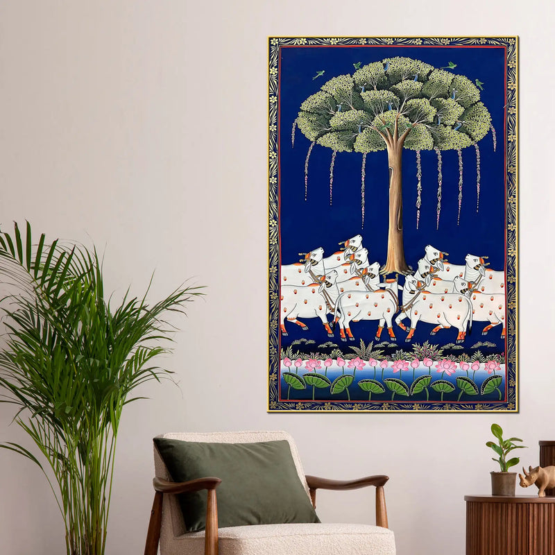 Sacred Cow Procession Under the Tree Pichwai Canvas Wall Painting