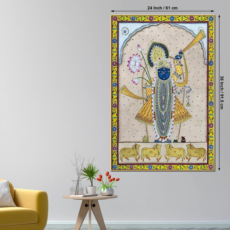 Sacred Cow Protector Lord Shrinathji Pichwai Spiritual Canvas Wall Painting
