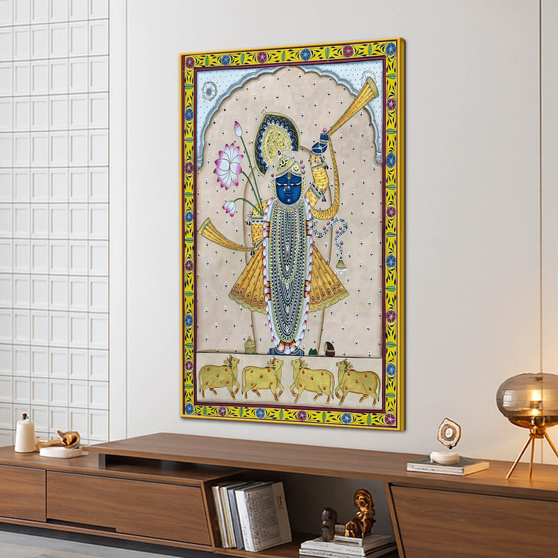 Sacred Cow Protector Lord Shrinathji Pichwai Spiritual Canvas Wall Painting