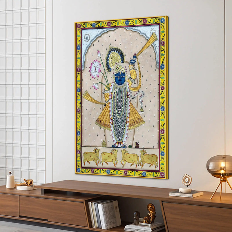 Sacred Cow Protector Lord Shrinathji Pichwai Spiritual Canvas Wall Painting