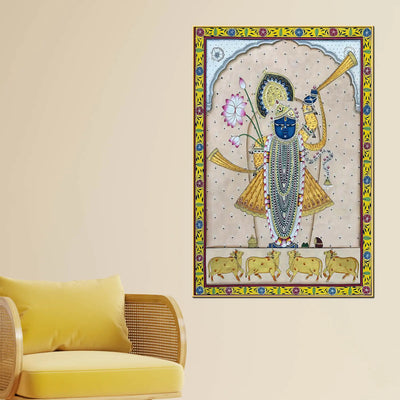 Sacred Cow Protector Lord Shrinathji Pichwai Spiritual Canvas Wall Painting