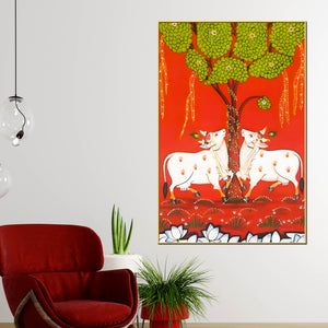sacred-cow-under-tree-indian-village-folk-art-canvas-wall-painting