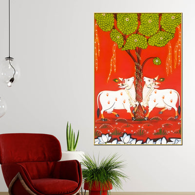 sacred-cow-under-tree-indian-village-folk-art-canvas-wall-painting