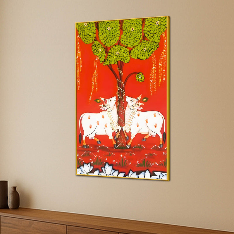 Sacred Cow Under Tree Indian Village Folk Art Canvas Wall Painting