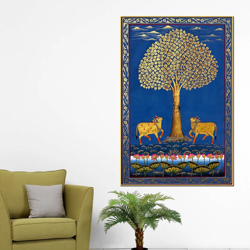 Sacred Cows Under The Tree of Life Pichwai Canvas Wall Painting