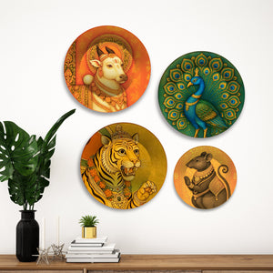 Sacred Divine Vahanas Animals Premium Wall Plates Painting Set of Four