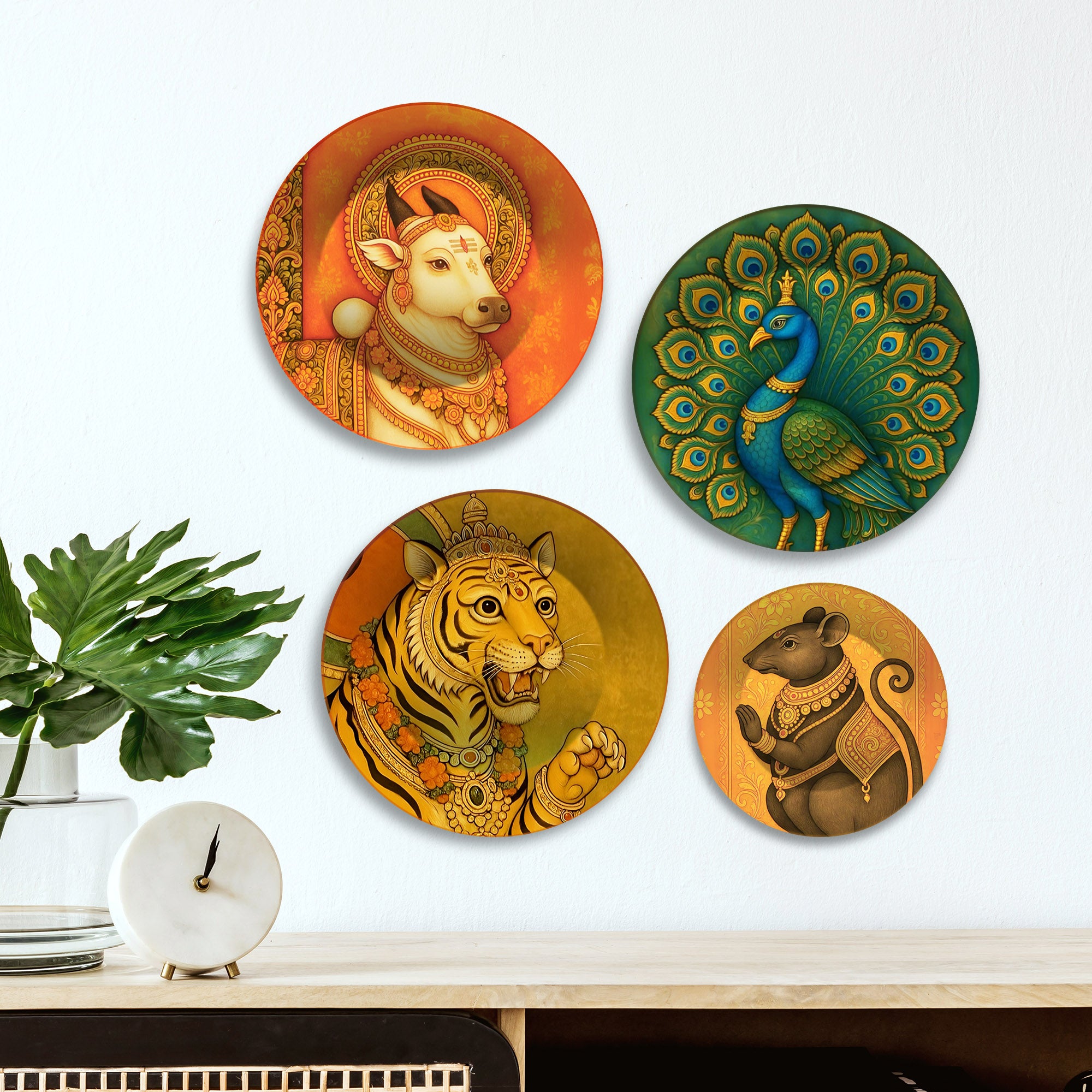 Sacred Divine Vahanas Animals Premium Wall Plates Painting Set of Four