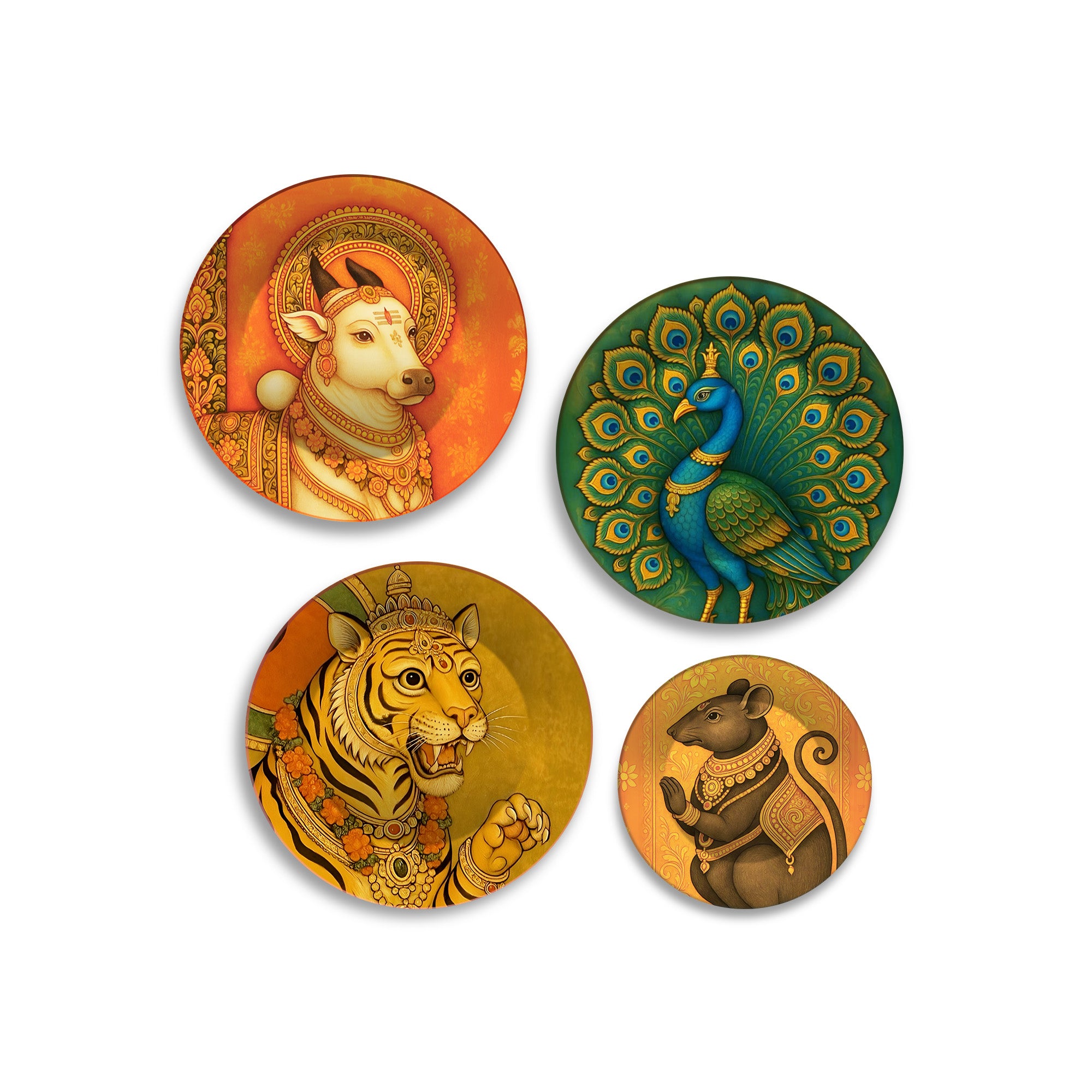 Sacred Divine Vahanas Animals Premium Wall Plates Painting Set of Four