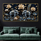 Sacred Elephant Duo with Golden Lotus & Peacock Feathers 3D Canvas Wall Painting