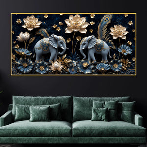 Sacred Elephant Duo with Golden Lotus & Peacock Feathers 3D Canvas Wall Painting