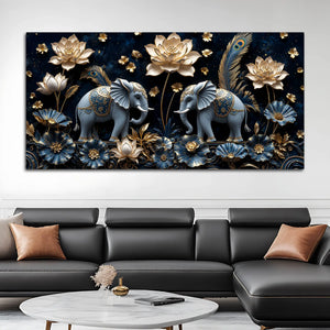 Sacred Elephant Duo with Golden Lotus & Peacock Feathers 3D Canvas Wall Painting