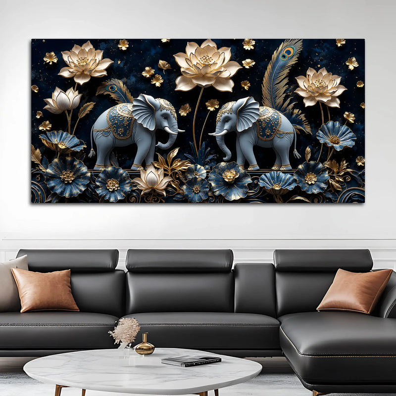 Sacred Elephant Duo with Golden Lotus & Peacock Feathers 3D Canvas Wall Painting