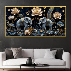 Sacred Elephant Duo with Golden Lotus & Peacock Feathers 3D Canvas Wall Painting