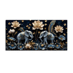 Sacred Elephant Duo with Golden Lotus & Peacock Feathers 3D Canvas Wall Painting