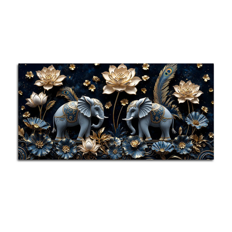 Sacred Elephant Duo with Golden Lotus & Peacock Feathers 3D Canvas Wall Painting