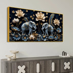 Sacred Elephant Duo with Golden Lotus & Peacock Feathers 3D Canvas Wall Painting