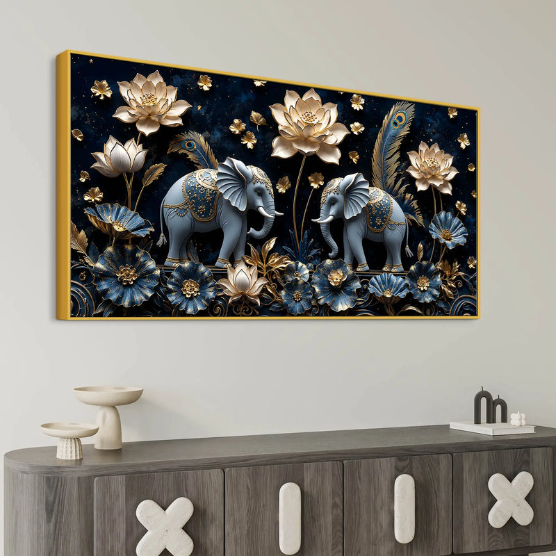 Sacred Elephant Duo with Golden Lotus & Peacock Feathers 3D Canvas Wall Painting