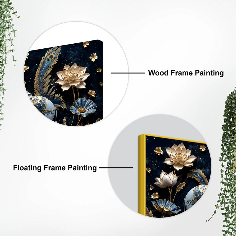 Sacred Elephant Duo with Golden Lotus & Peacock Feathers 3D Canvas Wall Painting