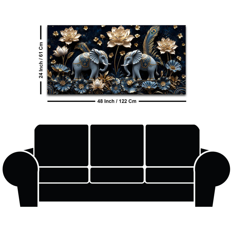 Sacred Elephant Duo with Golden Lotus & Peacock Feathers 3D Canvas Wall Painting