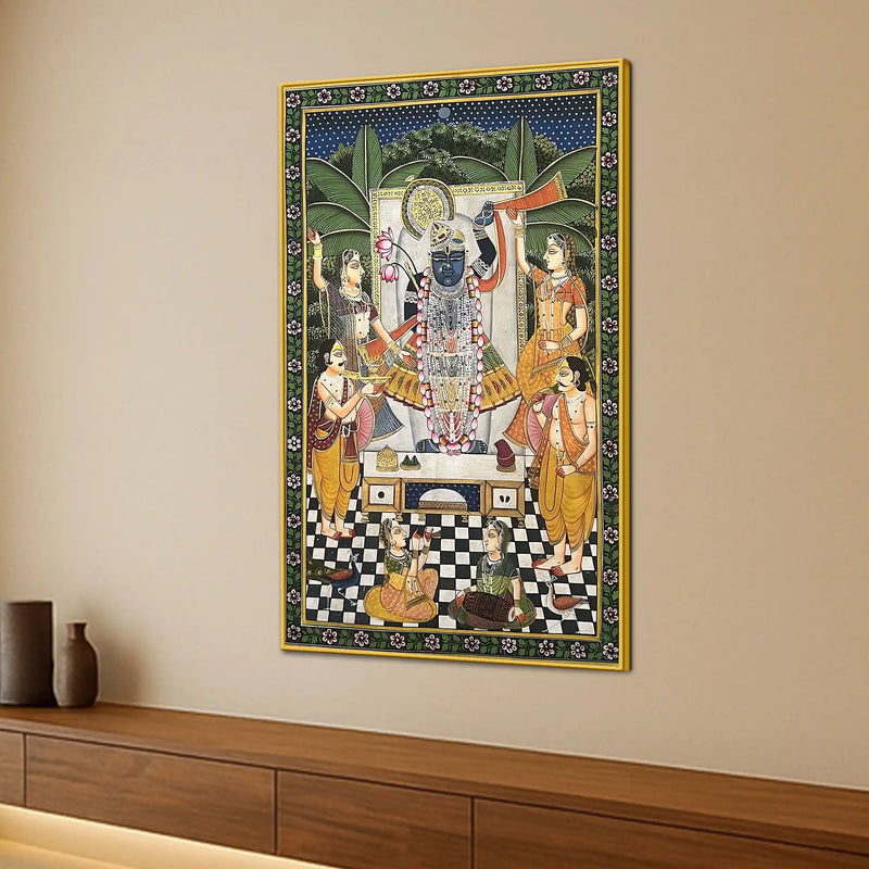 Sacred Evening Aarti of Shrinathji in Temple Spiritual Canvas Wall Painting