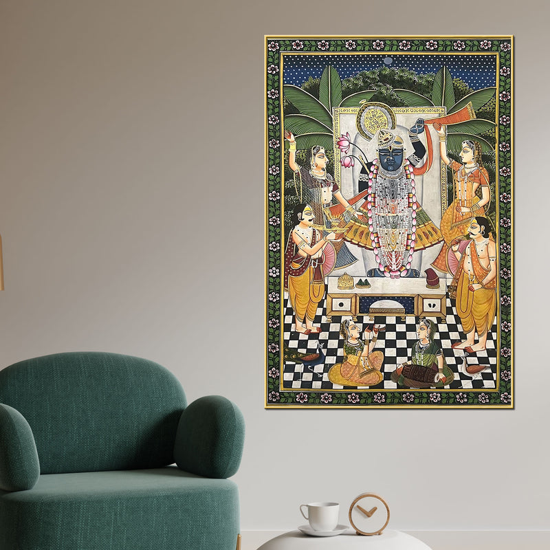 Sacred Evening Aarti of Shrinathji in Temple Spiritual Canvas Wall Painting