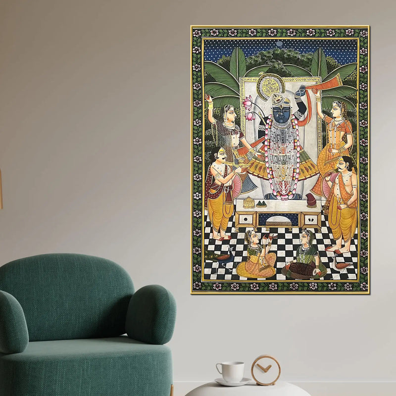 Sacred Evening Aarti of Shrinathji in Temple Spiritual Canvas Wall Painting