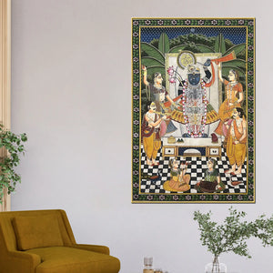 Sacred Evening Aarti of Shrinathji in Temple Spiritual Canvas Wall Painting