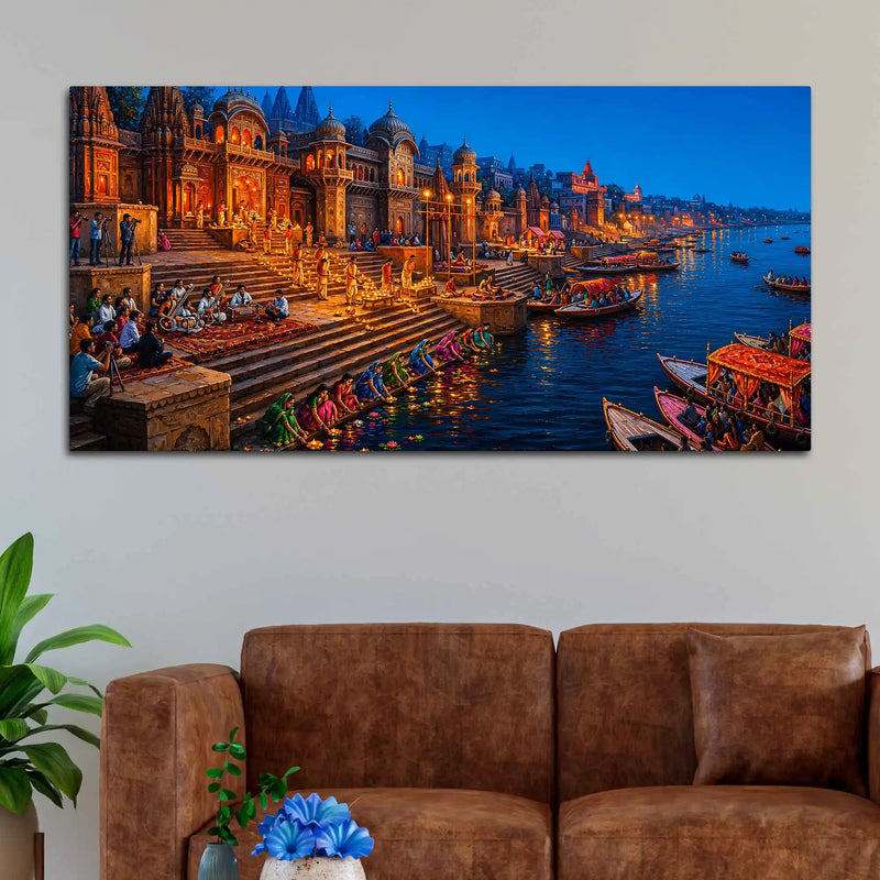 Sacred Evening at Kashi Ghats Canvas Wall Painting
