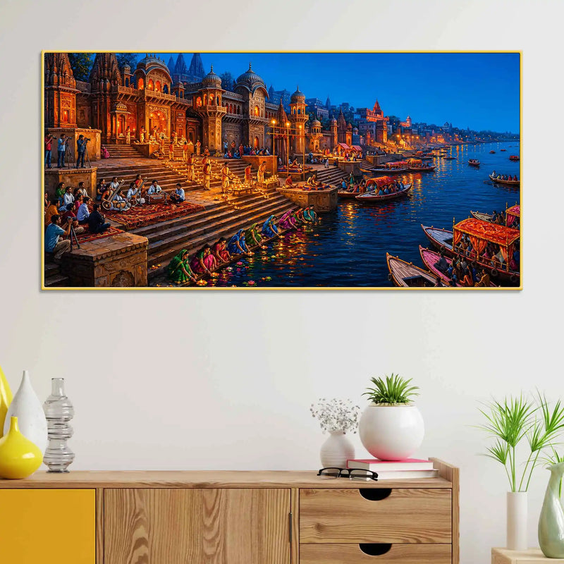 Sacred Evening at Kashi Ghats Canvas Wall Painting