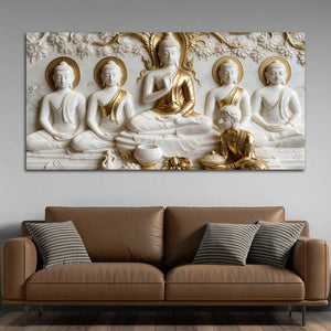 Sacred Five Buddhas with Devotee 3D Canvas Wall Painting