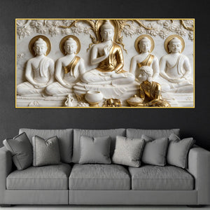 Sacred Five Buddhas with Devotee 3D Canvas Wall Painting