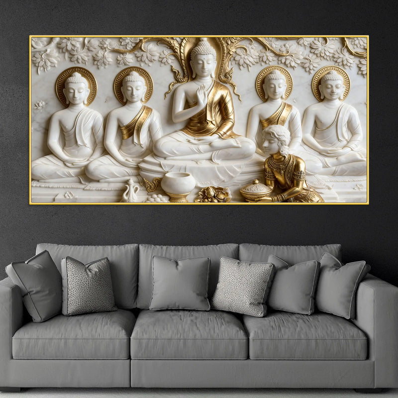 Sacred Five Buddhas with Devotee 3D Canvas Wall Painting