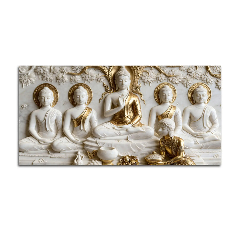 Sacred Five Buddhas with Devotee 3D Canvas Wall Painting